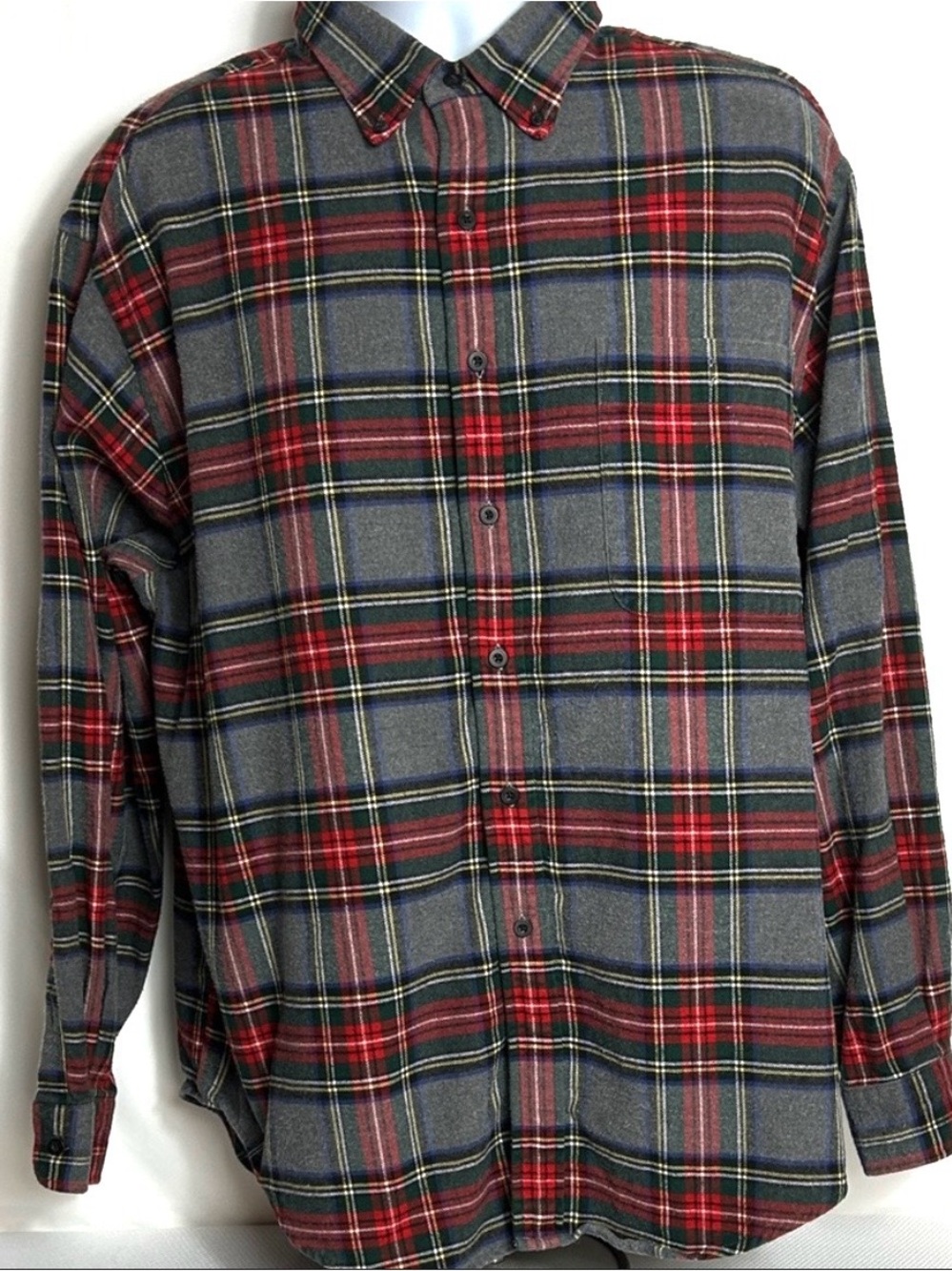 Lands' End Men's Size XL 17-17.5 Plaid Shirt Red Gray Yellow Long Sleeve Woodsy